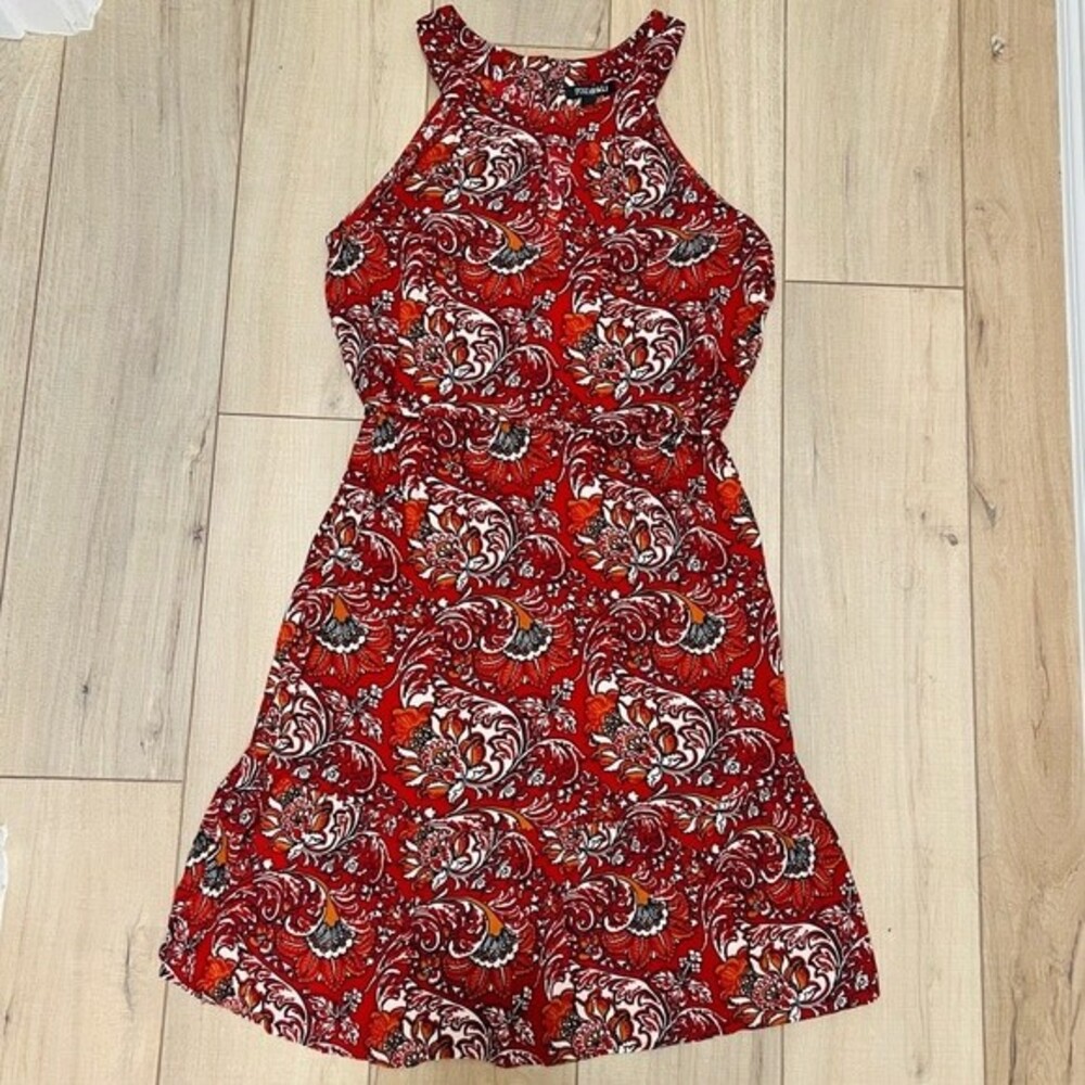Roz & Ali Women's Red Sleeveless Halter Midi Dress in Size Small Paisley Print